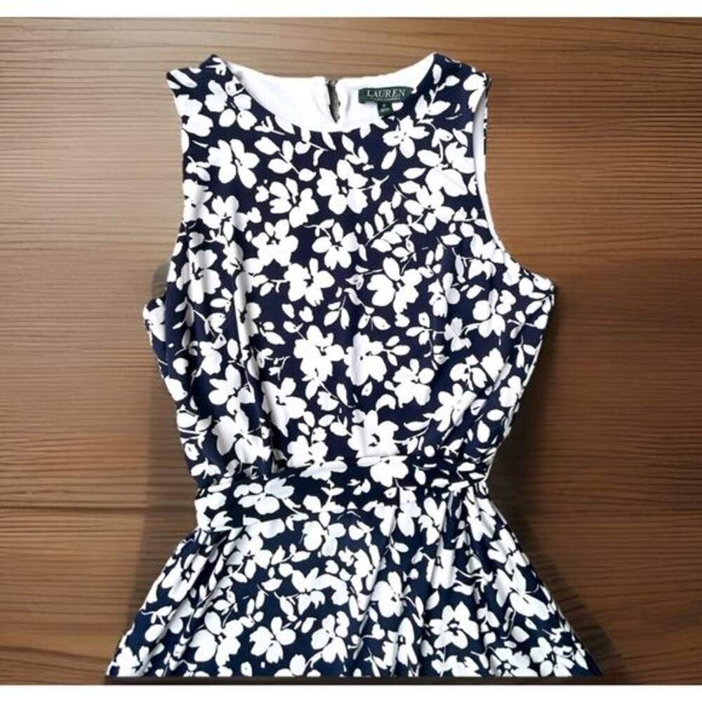 Ralph Lauren Dress 12 Navy White Floral Sleeveless Maxi Zipper Belted‎